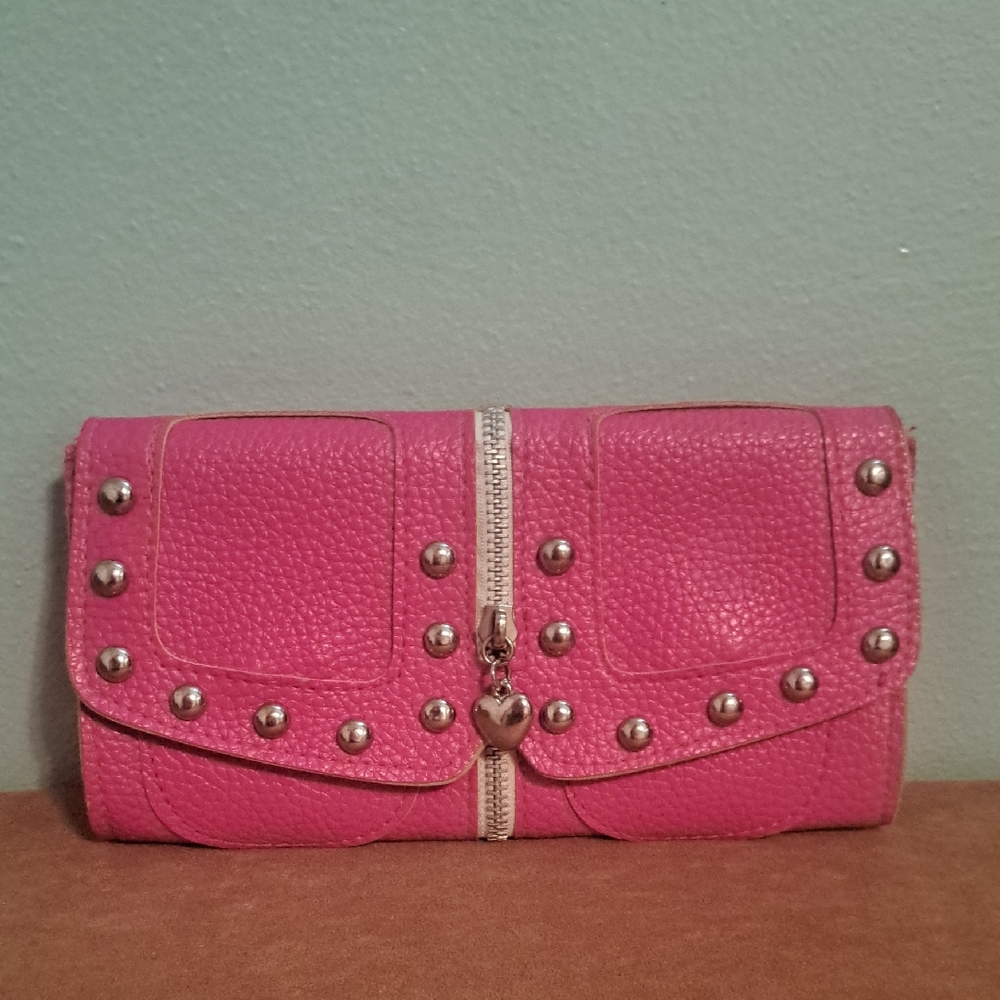Hot Pink Faux Leather Wallet Clutch Purse Silver Studs Zipper Embelished